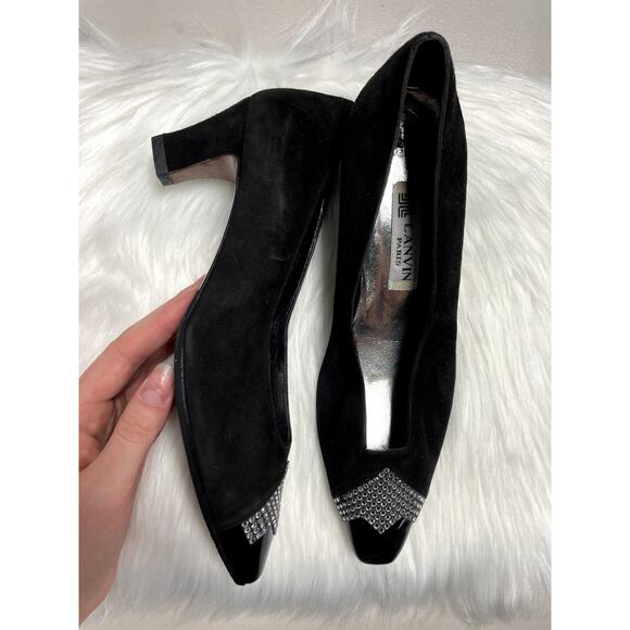 VINTAGE LANVIN Crystal Embellished Square Toe Low Heel Dress Pumps Black 7 - Picture 1 of 9